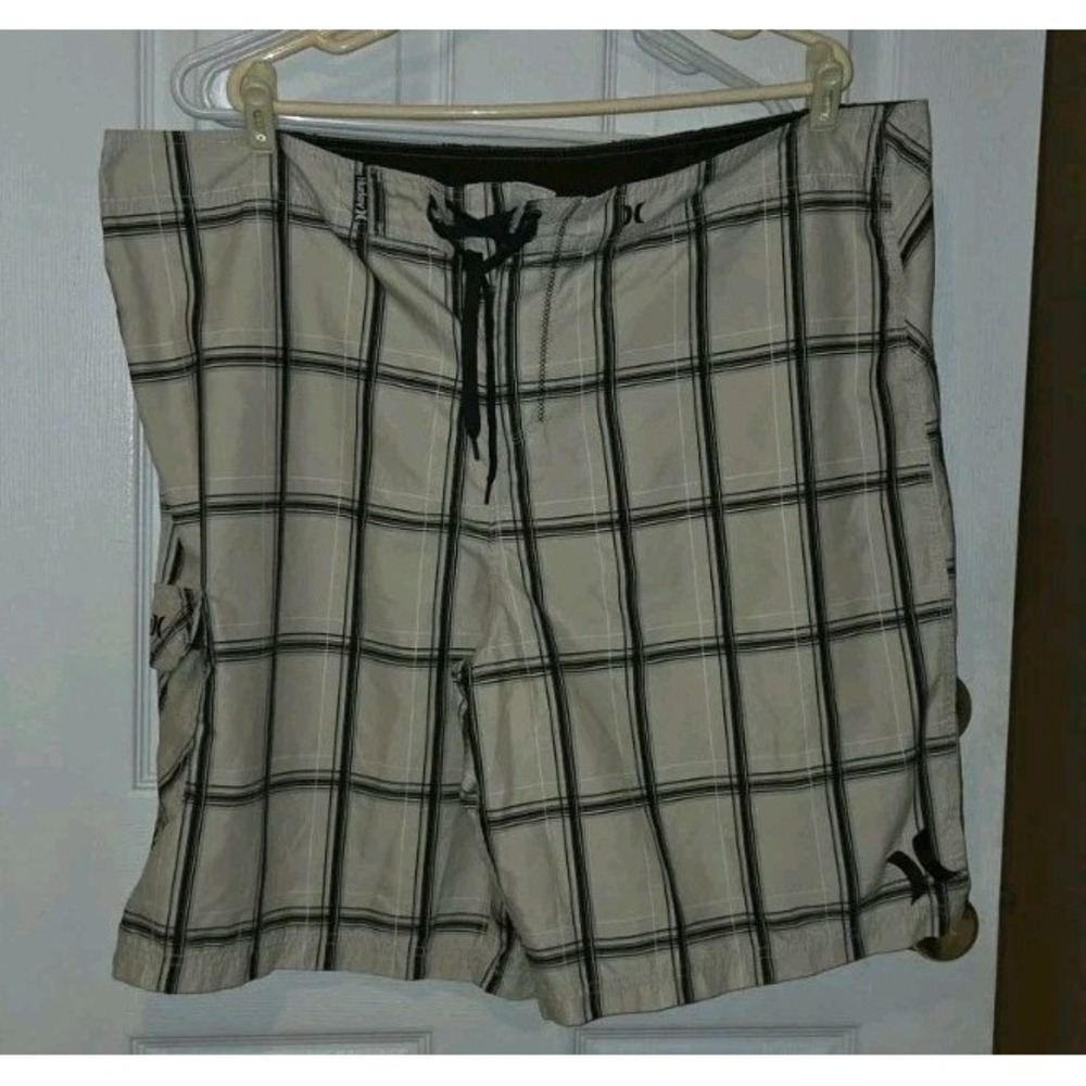 Hurley Shorts Men 38 Swim Board Trunks Drawstring Pockets Check Stripe Plaid
